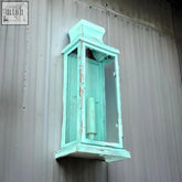 Reedham verdigris wall lantern sconce light with distressed mint green finish and clear glass panels flush mount wall light