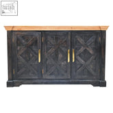 Regal ash black rustic sideboard chest of drawers with crossed wood panels gold handles and solid mango wood top