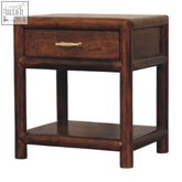 Dark brown solid mango wood regency chestnut chest of drawers with lower shelf and brass handle for living area placement