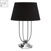 Regents park black shade table lamp with black shade and chrome metal base featuring curved support arms