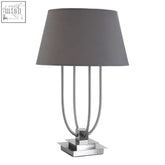 Silver metallic regents park table lamp with sleek design and a wide grey shade featuring four curved arms