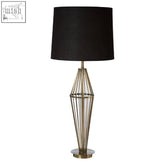 Reginald antique brass table lamp with black fabric shade and geometric gold-toned brass table lamp base