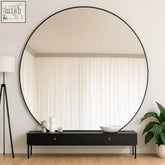 A sleek large round mirror with black metal frame perfect for modern commercial interiors measuring 180cm by 180cm