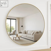 Xxl round gold metal circle mirror with thin frame reflecting a modern living room interior for stylish decor