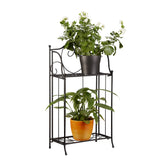 Black wrought iron relaxdays metal flower stand with 2 tiers holding potted plants for balcony decor