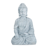 Gray stone buddha figurine in light grey polyresin with detailed robes seated in meditative pose for garden decor