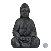 Black resin sitting xl buddha figurine in dark grey with detailed robes for garden and feng shui decor