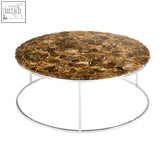 Relic agate top round coffee table with polished brown and gold natural agate stone and sleek stainless steel legs