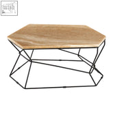 Natural onyx relic coffee table with light wood hexagonal top and black iron base for modern living spaces