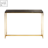 Modern relic dark petrified wood console table with sleek black marble top and polished gold metal legs