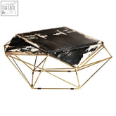 Relief dark petrified wood geometric coffee table with black and white cowhide top and gold metal frame