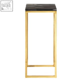 Relic dark petrified wood pedestal table with gold metal frame and dark textured petrified wood stone top