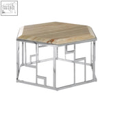 Relic hexagonal coffee table with light wood top and chrome metal frame featuring geometric cutouts and natural onyx details