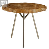 Rustic relic medium petrified round wood side table with three slender black metal legs for living room use