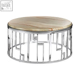 Relic onyx stone coffee table with a polished beige natural onyx top and a sleek stainless steel base with geometric cutouts