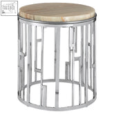 A sleek relic onyx stone side table with a polished natural onyx top and chrome geometric metal frame