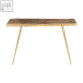 A sleek relic petrified wood console table with natural wood top and slender gold-toned metal legs