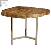 Rustic round petrified wood side table with distinctive grain and sleek chrome legs for small spaces