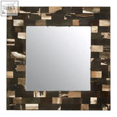Relic square petrified wood wall mirror with rustic patchwork frame made of dark and light wood pieces