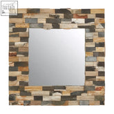 Square relic tile wall mirror with rustic reclaimed wood frame in varied natural tones and textures for tile wall decor