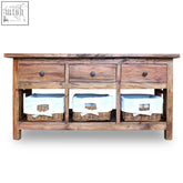Rustic relmar reclaimed wood console table 100cm handmade with three drawers and wicker storage baskets underneath
