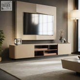 Beige and wood-toned remi nesting coffee table with tv stand set featuring sleek minimalist media console design