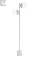 Modern two-head chrome finish light floor lamp with silver metal pole, white marble base, and glass shades