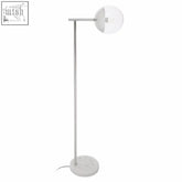 A sleek revive chrome finish floor lamp with a slender metallic pole and a translucent white spherical shade