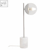Modern revive chrome finish table lamp with sleek chrome finish spherical shade and white marble base
