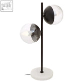 Modern two light black metal and marble table lamp with a sleek black and white globe design for stylish lighting