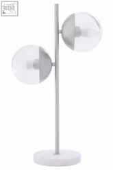 Modern two light chrome table lamp with clear glass globes and a white marble base for stylish room lighting
