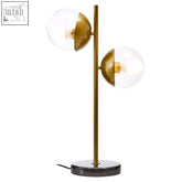 Revive two light gold table lamp with spherical glass globes and black marble table base for stylish lighting