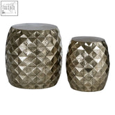 Set of two silver finish textured stools with metallic geometric pattern and brushed silver finish