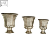 Reza set of 3 antique silver finish metallic planters with fluted ornate detailing and pedestal bases