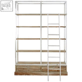 White metal richmond shelving unit with ladder featuring light wood shelves and rustic wooden drawers