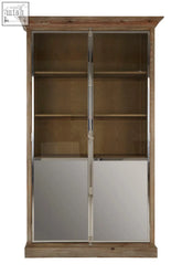 Rustic whitewashed pine wood 2 door cabinet with glass and mirrored doors and polished chrome hardware