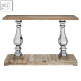 A rustic pine wood console table with a weathered light wood top and chrome baluster legs from richmond