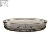 Ridley glass soap dish with subtle gray tint and three raised grooves for holding bars of soap