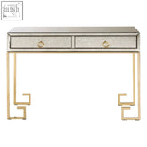 Rieti antique mirror and gold console table with silver mirrored top and gold geometric legs with ring pulls