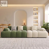 Modular sectional riku sofa with soft plush green and cream fabric finish perfect for cozy living spaces
