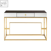 Gold-finished metal rimini console table with mirrored top black countertop and one central drawer