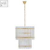 Gold-toned ritz six bulb glass pendant light with tiered fluted glass rods and brass accents