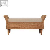 Riviera woven bench with beige boucle fabric seat and woven wicker body on wooden legs for stylish seating