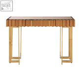 Gold polished frame rivoli mirrored console table with sleek vertical slats and slender legs for modern style