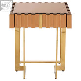 Rivoli side table with gold finish, mirrored glass top, stainless steel legs, and vertical slats along the edges