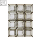 Silver-toned medium multi box design wall mirror with recessed frosted glass squares and raised metallic borders