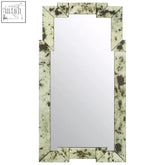 Riza rectangular frame wall mirror with a distressed green and black geometric cut out frame for stylish decor