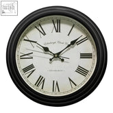 Robello black lined rim wall clock with black frame cream face roman numerals and edinburgh clock co text wall clock