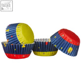 Rocket 100pc mini cupcake cases in blue and yellow paper with red star patterns perfect for baking mini cupcakes