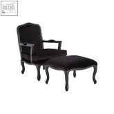 Rococo black shiny velvet armchair with ornate dark wood frame and matching shiny velvet ottoman for stylish seating